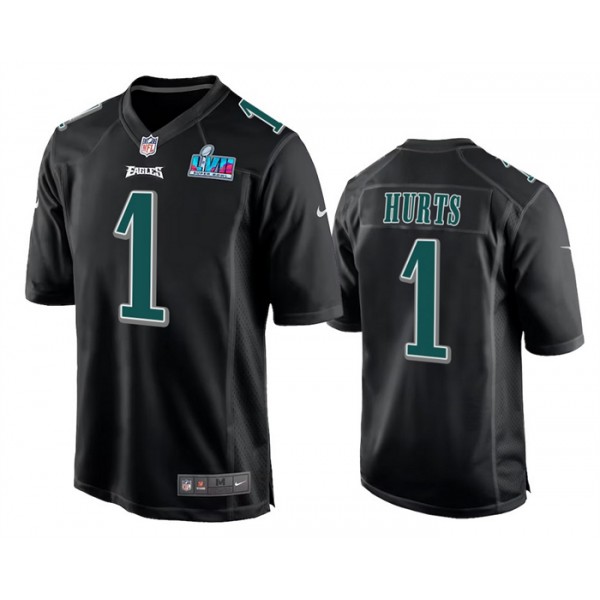Philadelphia Eagles #1 Jalen Hurts Black Super Bowl LVII Patch Stitched Game Jersey