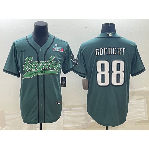 Philadelphia Eagles #88 Dallas Goedert Green With Super Bowl LVII Patch Cool Base Stitched Baseball Jersey
