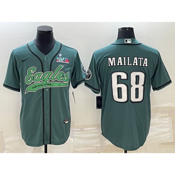 Philadelphia Eagles #68 Jordan Mailata Green With Super Bowl LVII Patch Cool Base Stitched Baseball Jersey