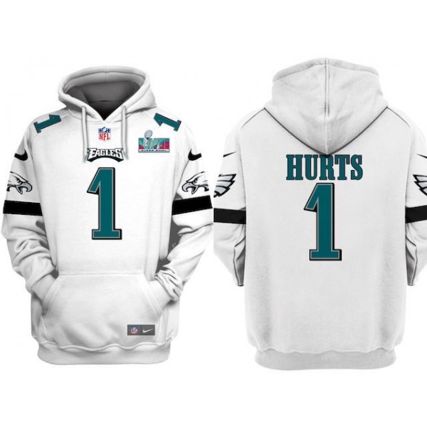 Philadelphia Eagles #1 Jalen Hurts White Super Bowl LVII Patch Pullover Hoodie