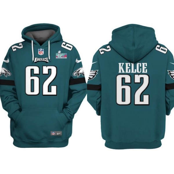 Philadelphia Eagles #62 Jason Kelce White Super Bowl LVII Patch Pullover Hoodie