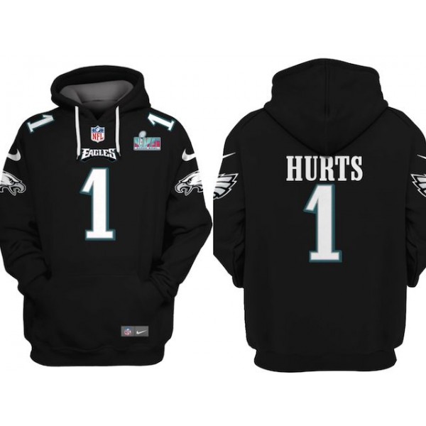 Philadelphia Eagles #1 Jalen Hurts Black Super Bowl LVII Patch Pullover Hoodie