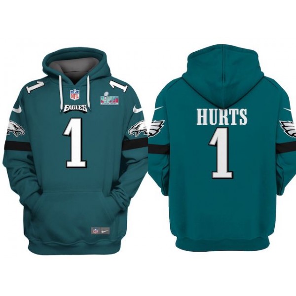 Philadelphia Eagles #1 Jalen Hurts Green Super Bowl LVII Patch Pullover Hoodie
