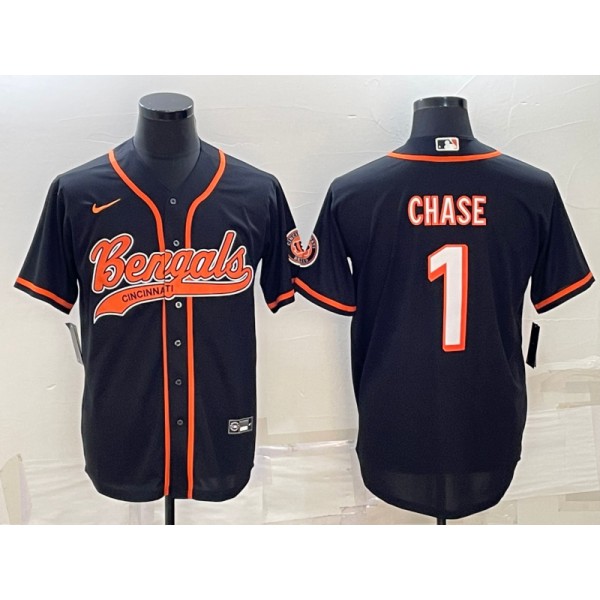 Cincinnati Bengals #1 Ja'Marr Chase Black With Patch Cool Base Stitched Baseball Jersey