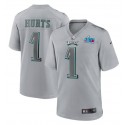 Philadelphia Eagles #1 Jalen Hurts Grey Super Bowl LVII Patch Atmosphere Fashion Stitched Game Jersey