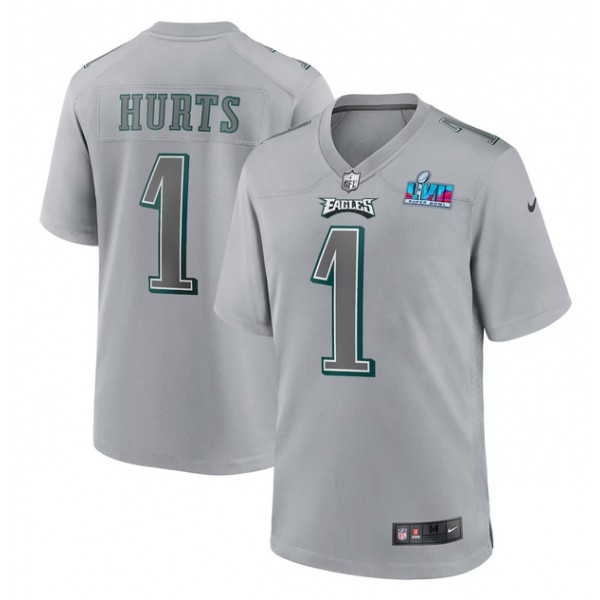 Philadelphia Eagles #1 Jalen Hurts Grey Super Bowl LVII Patch Atmosphere Fashion Stitched Game Jersey