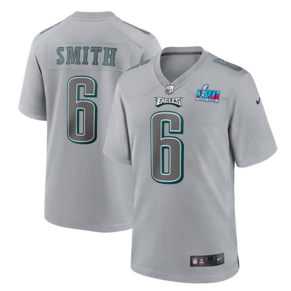 Philadelphia Eagles #6 DeVonta Smith Grey Super Bowl LVII Patch Atmosphere Fashion Stitched Game Jersey