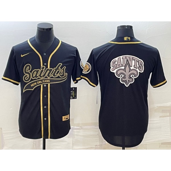 New Orleans Saints Black Gold Team Big Logo With Patch Cool Base Stitched Baseball Jersey