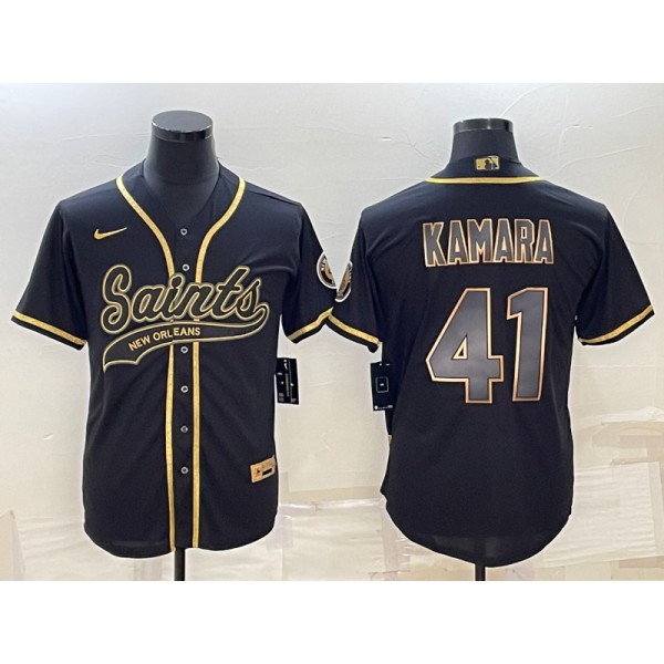 New Orleans Saints #41 Alvin Kamara Black Gold With Patch Cool Base Stitched Baseball Jersey