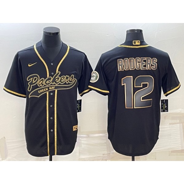 Green Bay Packers #12 Aaron Rodgers Black Gold With Patch Cool Base Stitched Baseball Jersey