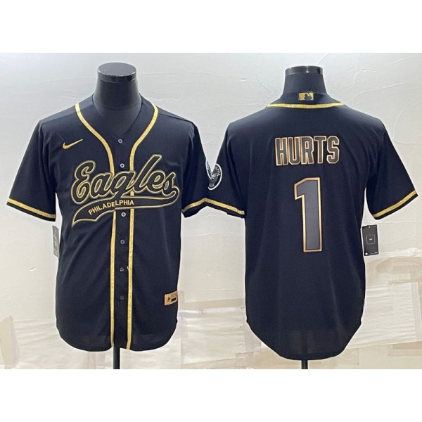 Philadelphia Eagles #1 Jalen Hurts Black Gold With Patch Cool Base Stitched Baseball Jersey