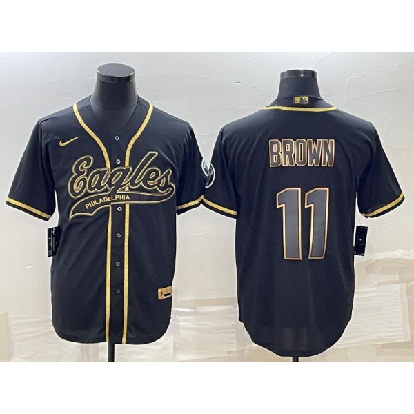 Philadelphia Eagles #11 A. J. Brown Black Gold With Patch Cool Base Stitched Baseball Jersey