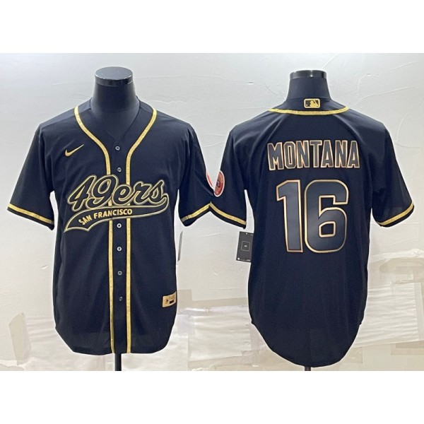 San Francisco 49ers #16 Joe Montana Black Gold With Patch Cool Base Stitched Baseball Jersey