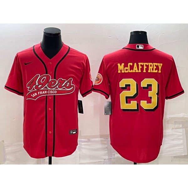 San Francisco 49ers #23 Christian McCaffrey Red Gold With Patch Cool Base Stitched Baseball Jersey