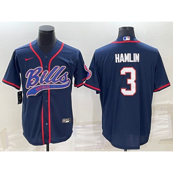 Buffalo Bills #3 Damar Hamlin Navy With Patch Cool Base Stitched Baseball Jersey