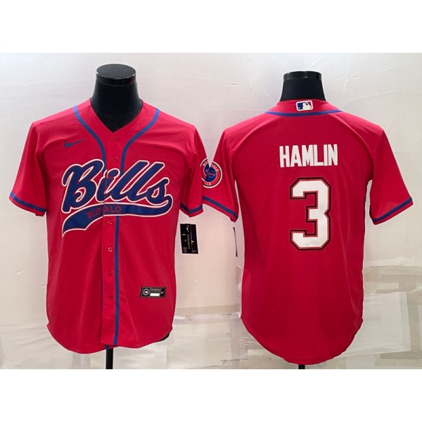 Buffalo Bills #3 Damar Hamlin Red With Patch Cool Base Stitched Baseball Jersey