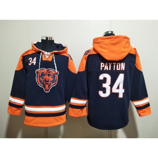 Chicago Bears #34 Walter Payton Navy Ageless Must-Have Lace-Up Pullover Hoodie