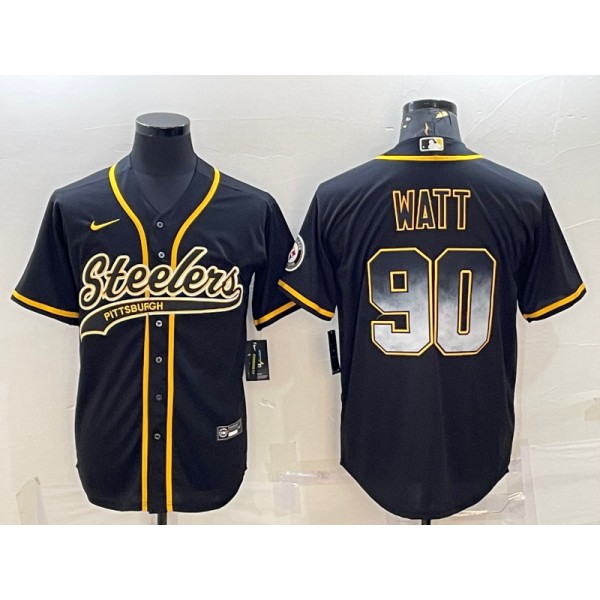 Pittsburgh Steelers #90 T.J. Watt Black Gold With Patch Cool Base Stitched Baseball Jersey