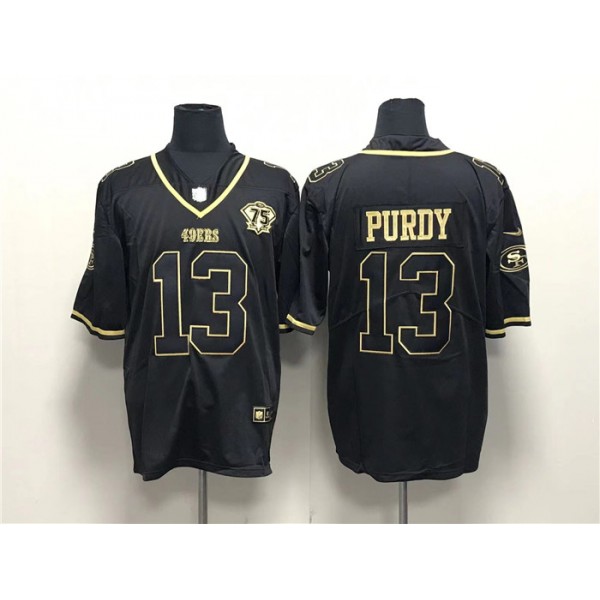 San Francisco 49ers #13 Brock Purdy Black Gold With 75th Anniversary Patch Stitched Jersey