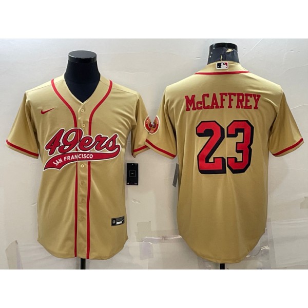 San Francisco 49ers #23 Christian McCaffrey New Gold With Patch Cool Base Stitched Baseball Jersey