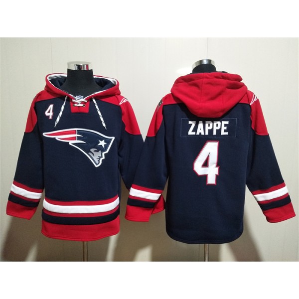 New England Patriots #4 Bailey Zappe Navy Ageless Must-Have Lace-Up Pullover Hoodie