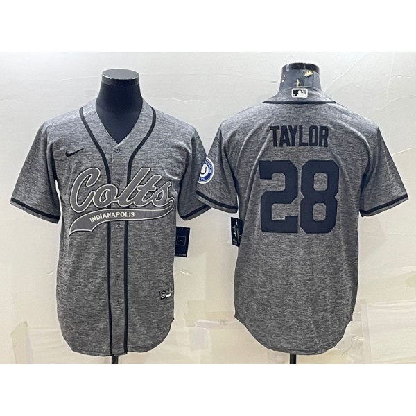Indianapolis Colts #28 Jonathan Taylor Grey With Patch Cool Base Stitched Baseball Jersey