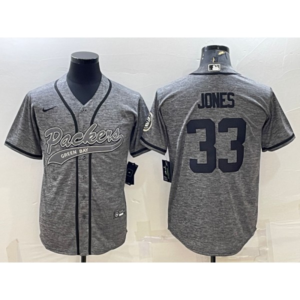 Green Bay Packers #33 Aaron Jones Grey With Patch Cool Base Stitched Baseball Jersey