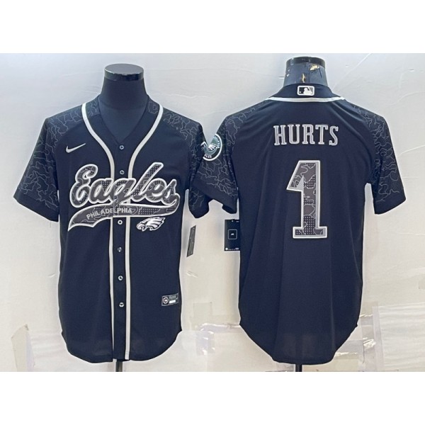 Philadelphia Eagles #1 Jalen Hurts Black Reflective With Patch Cool Base Stitched Baseball Jersey