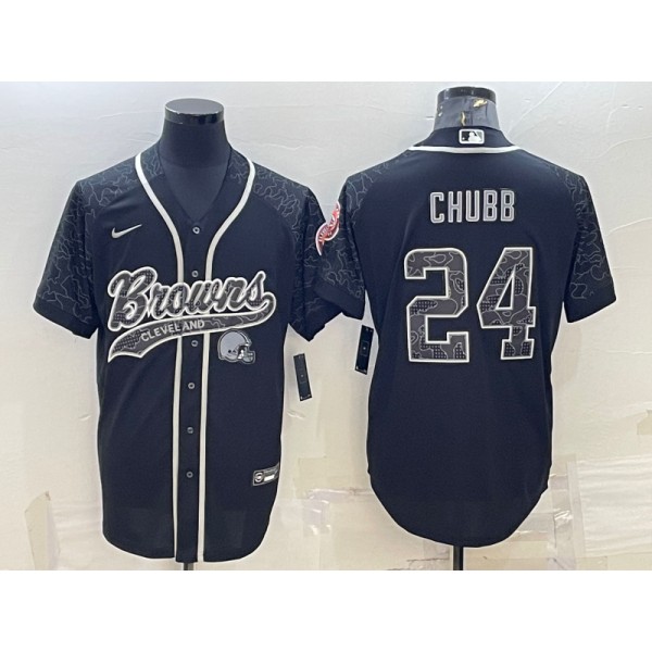 Cleveland Browns #24 Nick Chubb Black Reflective With Patch Cool Base Stitched Baseball Jersey