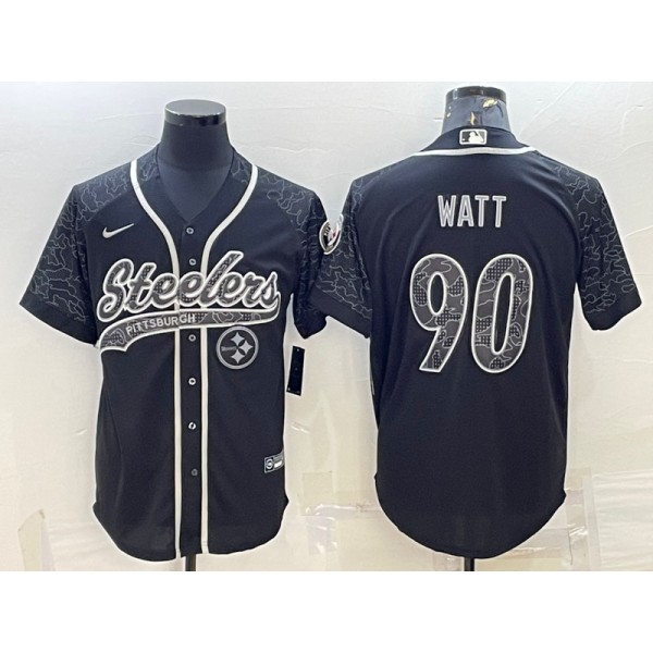 Pittsburgh Steelers #90 T.J. Watt Black Reflective With Patch Cool Base Stitched Baseball Jersey