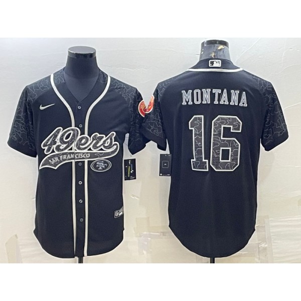San Francisco 49ers #16 Joe Montana Black Reflective With Patch Cool Base Stitched Baseball Jersey