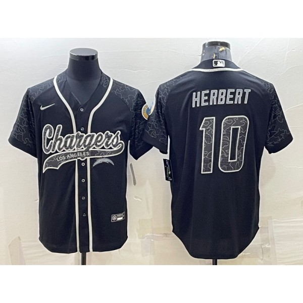 Los Angeles Chargers #10 Justin Herbert Black Reflective With Patch Cool Base Stitched Baseball Jersey