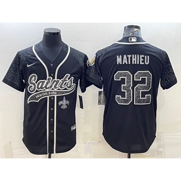 New Orleans Saints #32 Tyrann Mathieu Black Reflective With Patch Cool Base Stitched Baseball Jersey