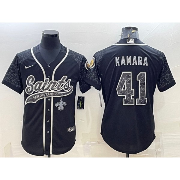New Orleans Saints #41 Alvin Kamara Black Reflective With Patch Cool Base Stitched Baseball Jersey
