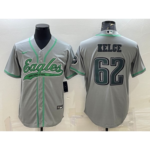Philadelphia Eagles #62 Jason Kelce Gray With Patch Cool Base Stitched Baseball Jersey