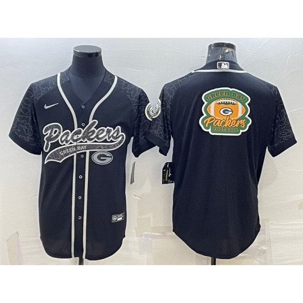 Green Bay Packers Black Reflective Team Big Logo With Patch Cool Base Stitched Baseball Jersey