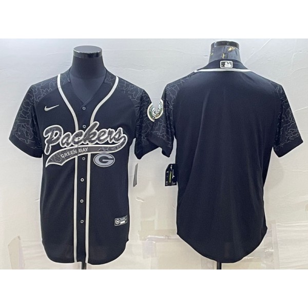 Green Bay Packers Blank Black Reflective With Patch Cool Base Stitched Baseball Jersey
