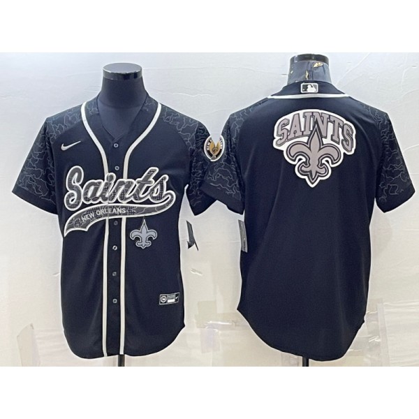 New Orleans Saints Black Reflective Team Big Logo With Patch Cool Base Stitched Baseball Jersey