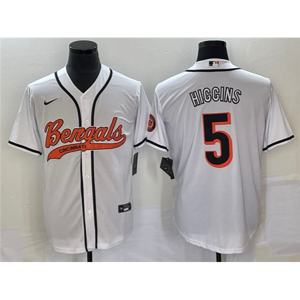 Cincinnati Bengals #5 Tee Higgins White With Patch Cool Base Stitched Jersey