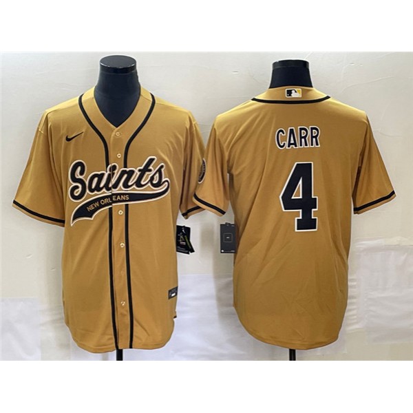 New Orleans Saints #4 Derek Carr Gold With Patch Cool Base Stitched Jersey