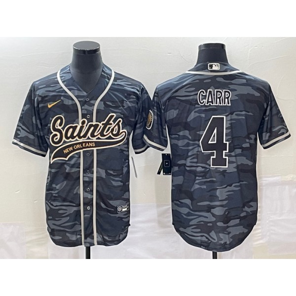 New Orleans Saints #4 Derek Carr Gray Camo With Patch Cool Base Stitched Jersey