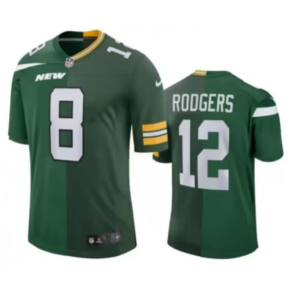 New York Jets Front #8 Back #12 Aaron Rodgers Split Green Jersey