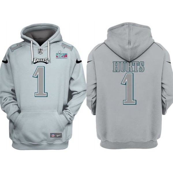 Philadelphia Eagles #1 Jalen Hurts Gray Atmosphere Fashion Super Bowl LVII Patch Pullover Hoodie