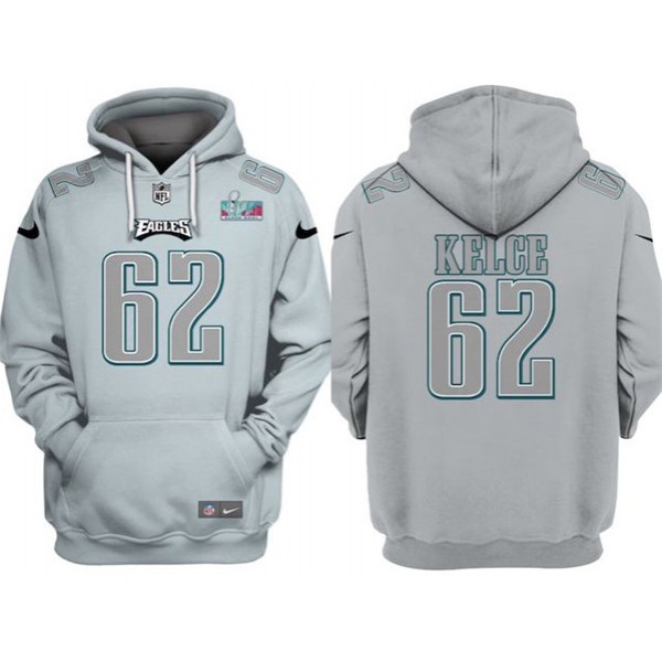 Philadelphia Eagles #62 Jason Kelce Gray Atmosphere Fashion Super Bowl LVII Patch Pullover Hoodie