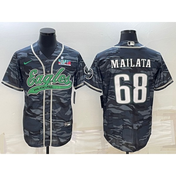 Philadelphia Eagles #68 Jordan Mailata Gray Camo With Super Bowl LVII Patch Cool Base Stitched Jersey