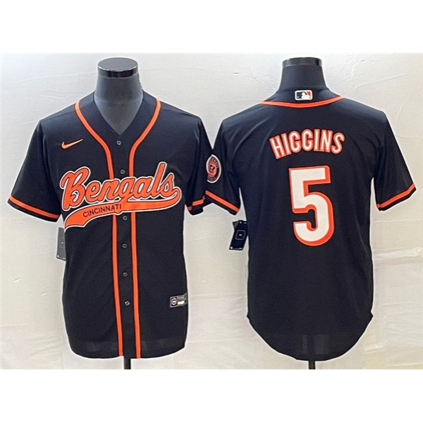 Cincinnati Bengals #5 Tee Higgins Black With Patch Cool Base Stitched Jersey