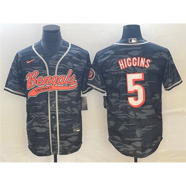 Cincinnati Bengals #5 Tee Higgins Gray Camo With Patch Cool Base Stitched Jersey