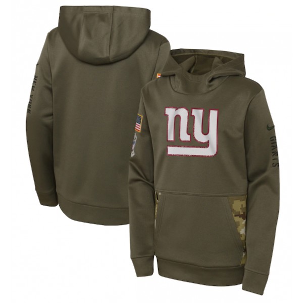Youth New York Giants 2022 Olive Salute To Service Therma Performance Pullover Hoodie