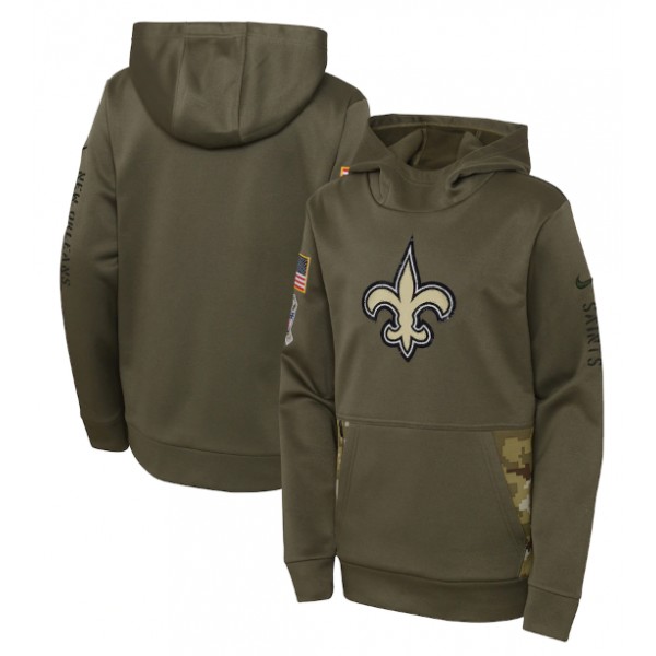 Youth New Orleans Saints 2022 Olive Salute To Service Therma Performance Pullover Hoodie