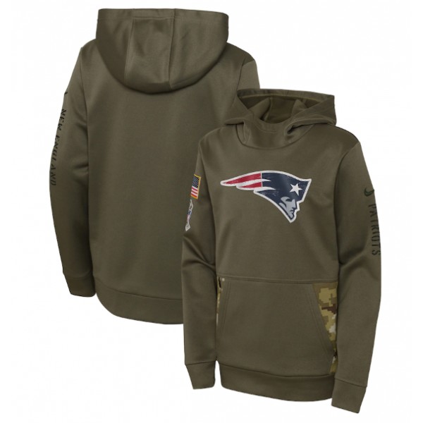Youth New England Patriots 2022 Olive Salute To Service Therma Performance Pullover Hoodie